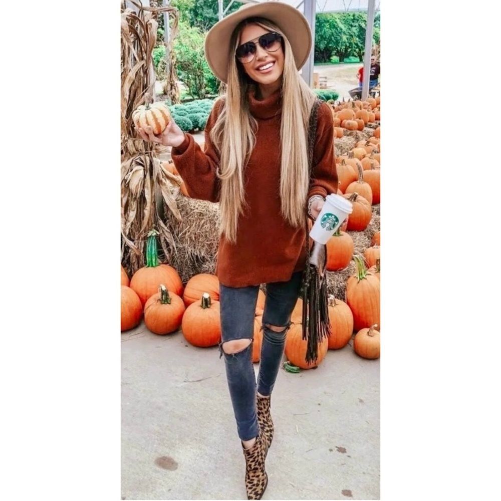 Free People Softly Structured Knit Brown Tunic Turtleneck Sweater Size XS